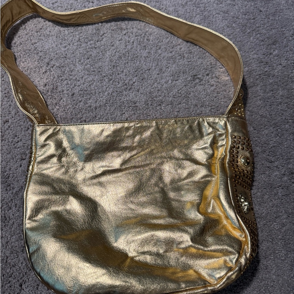 Gold Shining Leather with Silver metal Studs Handbag vintage y2k lion - Picture 3 of 5